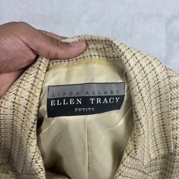 VTG Linda Allard Ellen Tracy Petite Tweed Plaid Silk Suit Jacket Blazer Womens 8 - Picture 4 of 9